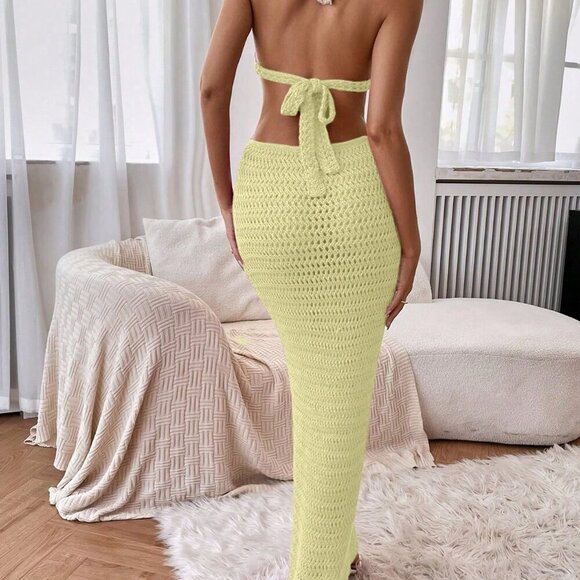 Yellow Sexy Women's Vacation Side Cutout Halter Lace-Up Knitted Dress - Picture 2 of 8